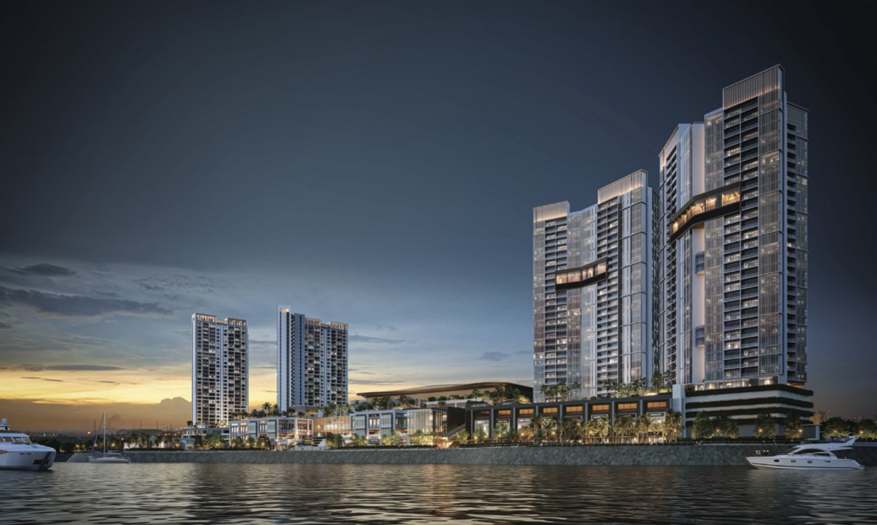 The Light Waterfront Penang at dusk — Lightwater Residences towers above the waterfront promenade and marina