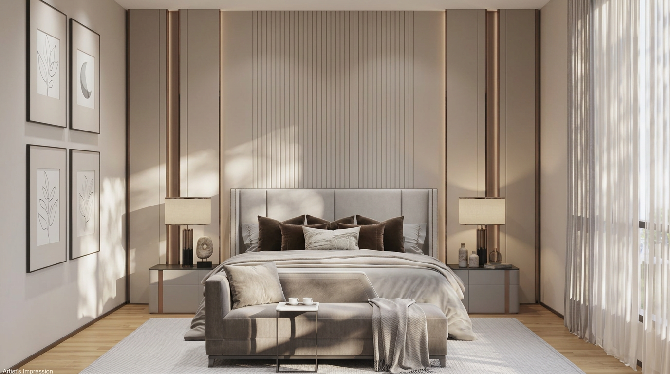 The Anton master bedroom with upholstered feature wall, warm cove lighting and a daybed at the foot of the bed, artist's impression