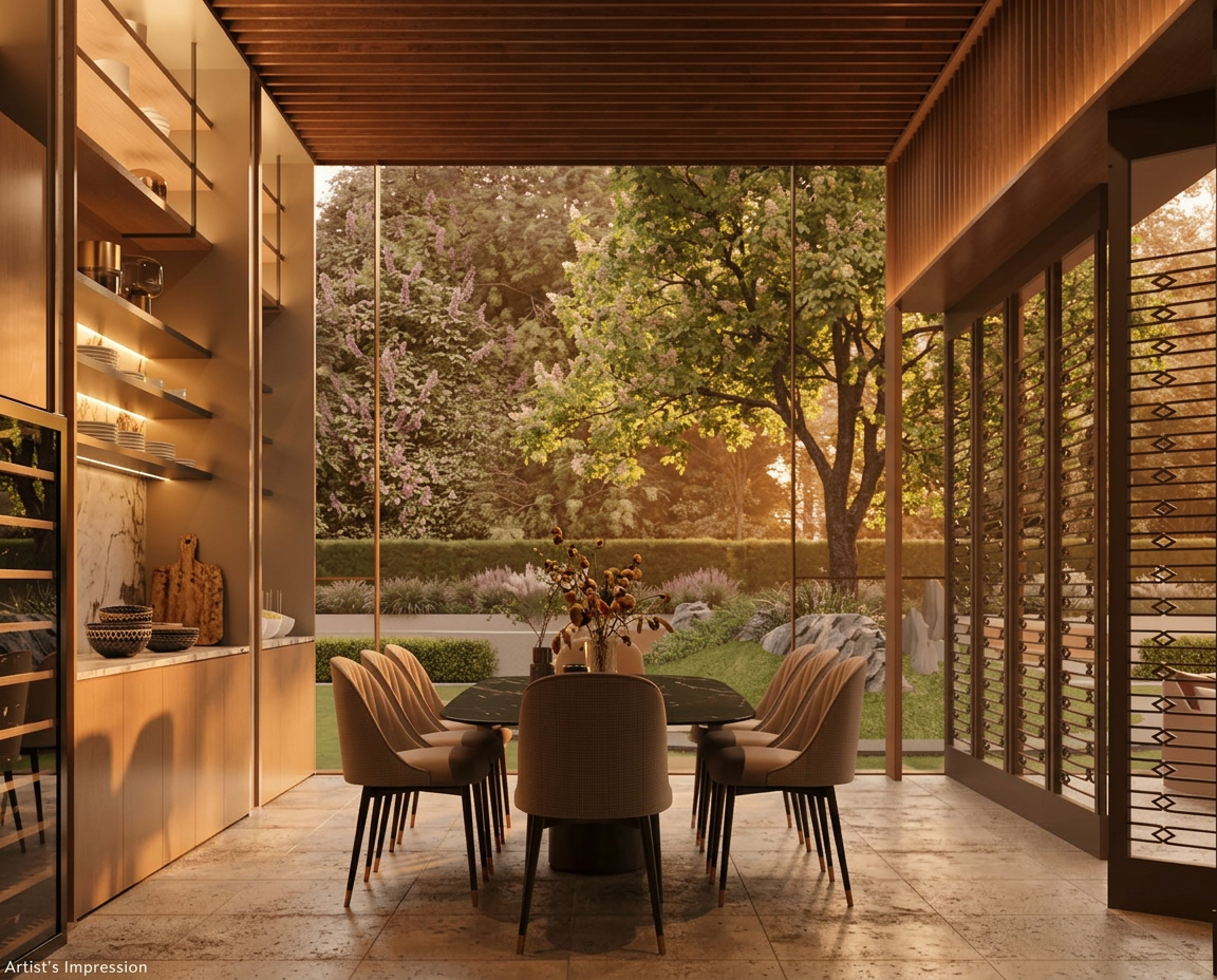 The Anton private dining pavilion with a long table opening onto a landscaped lawn, artist's impression