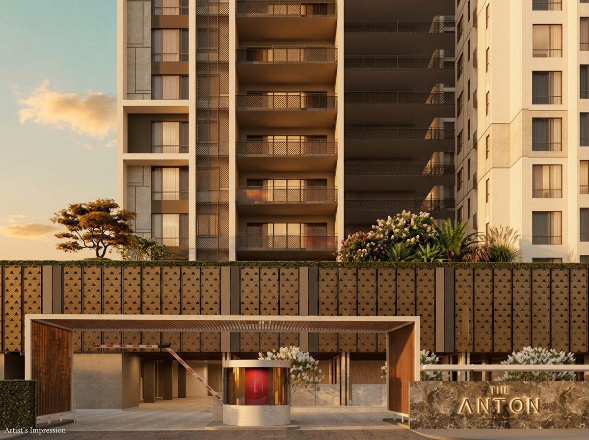The Anton Penang gated vehicular entrance with security pavilion, bronze-screened podium and residential tower, artist's impression