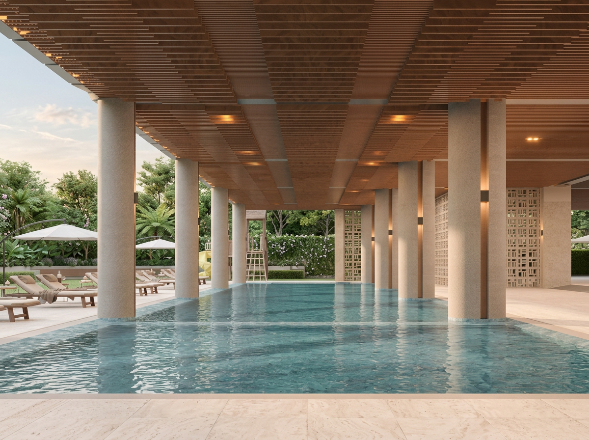 The Anton Pulau Tikus covered swimming pool and pool deck with lounge chairs under a slatted timber ceiling, artist's impression