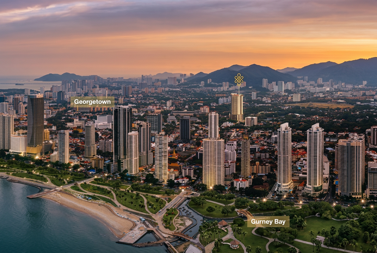 Aerial view of Georgetown, Gurney Bay and Cantonment Road showing where Cantonment Residence sits in Penang