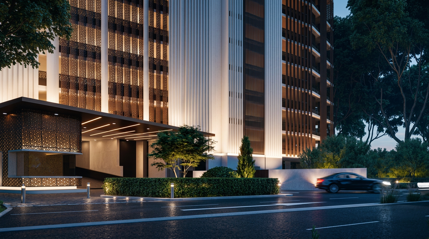Cantonment Residence Penang covered vehicular drop-off entrance with illuminated bronze facade at dusk, artist's impression