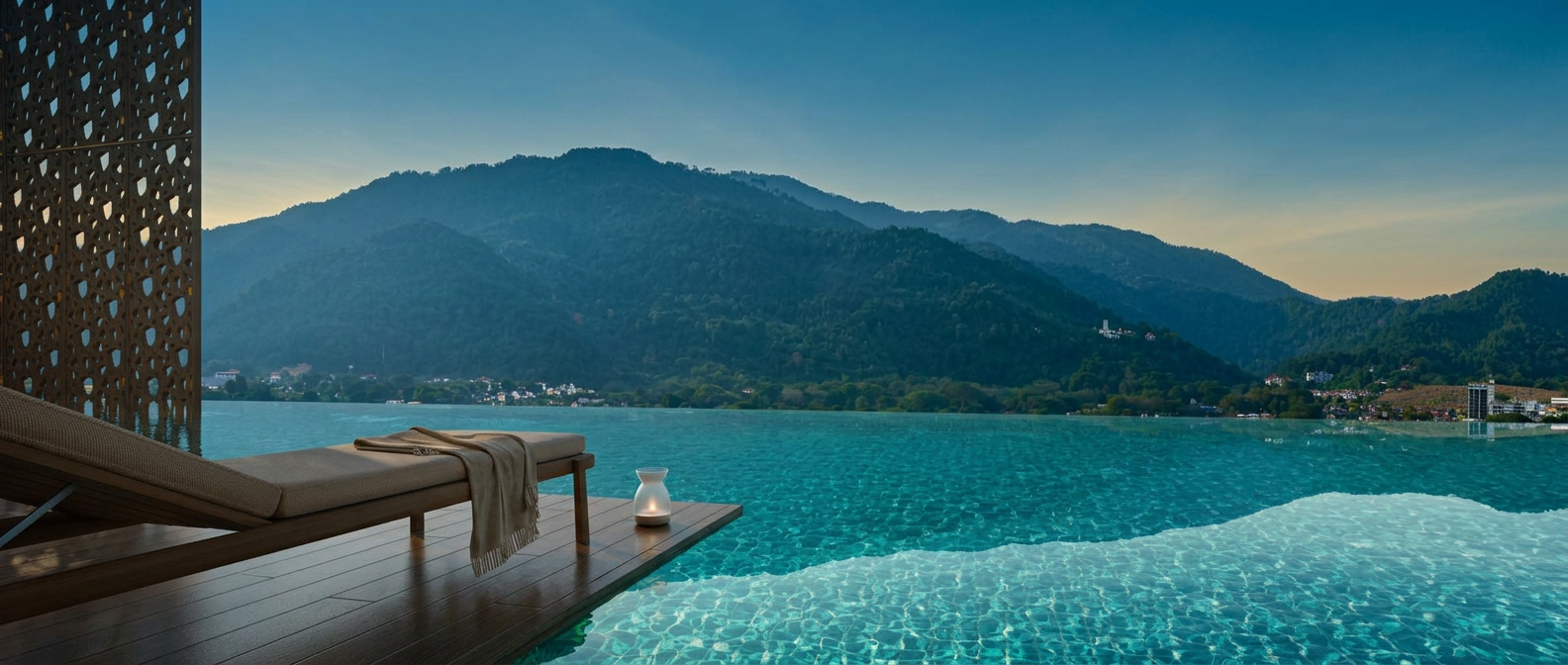 The Infinity Pool at Cantonment Residence, elevated pool deck with timber sunbed overlooking green hills, artist's impression