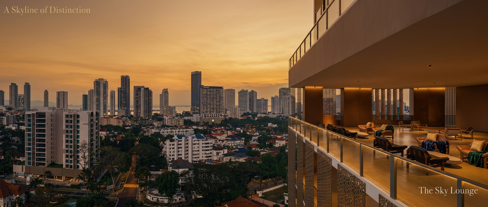 The Sky Lounge at Cantonment Residence, covered terrace with tan leather seating overlooking the city and sea, artist's impression