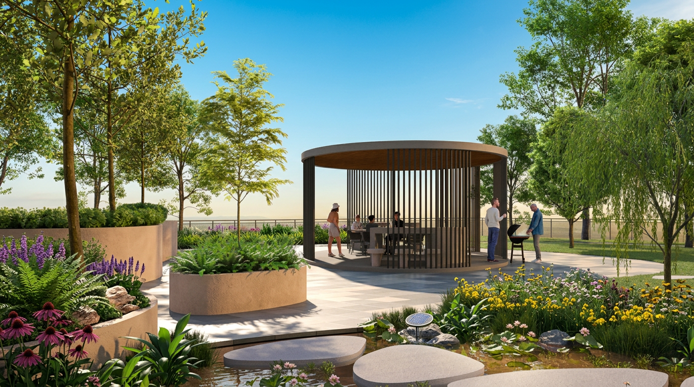 Andabreeze Residences Batu Kawan garden BBQ pavilion with lotus pond and landscaped greenery, artist's impression