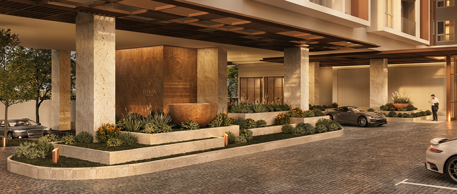 The Fount Batu Uban grand drop-off lobby with stone-clad pillars, bronze water feature and landscaped planters, artist's impression