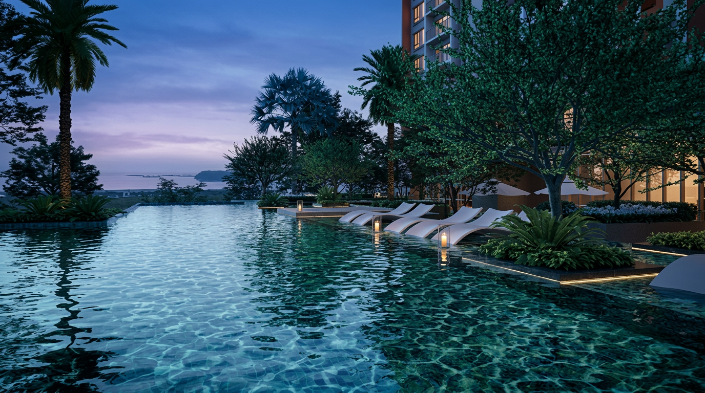 The Fount Batu Uban infinity pool at dusk with submerged loungers, palm landscaping and a sea view, artist's impression