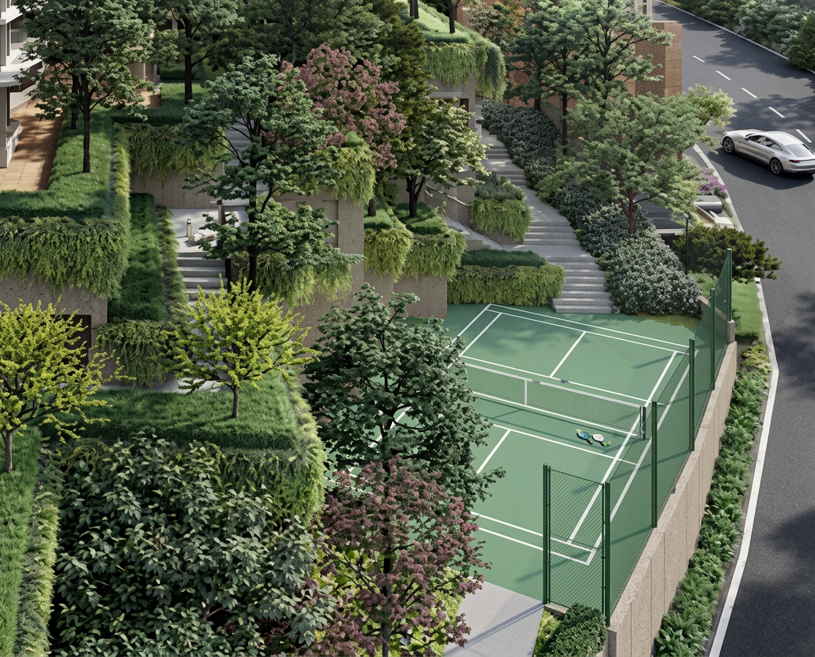 The Fount Penang outdoor pickleball court set within stepped landscaped terraces in Batu Uban, artist's impression