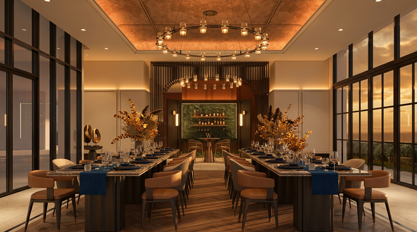 Andabreeze Residences private dining room with twin marble tables, ring chandeliers and wine display, artist's impression