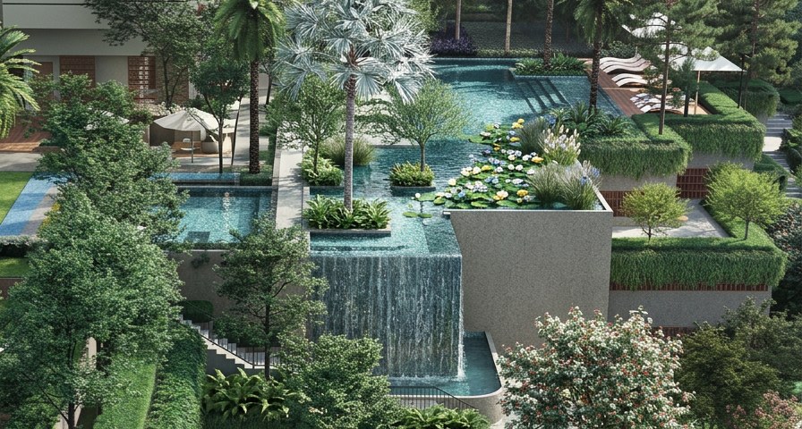 The Fount Penang tiered landscaped terraces with cascading waterfall pool, sun decks and hanging gardens overlooking the Straits of Penang, artist's impression