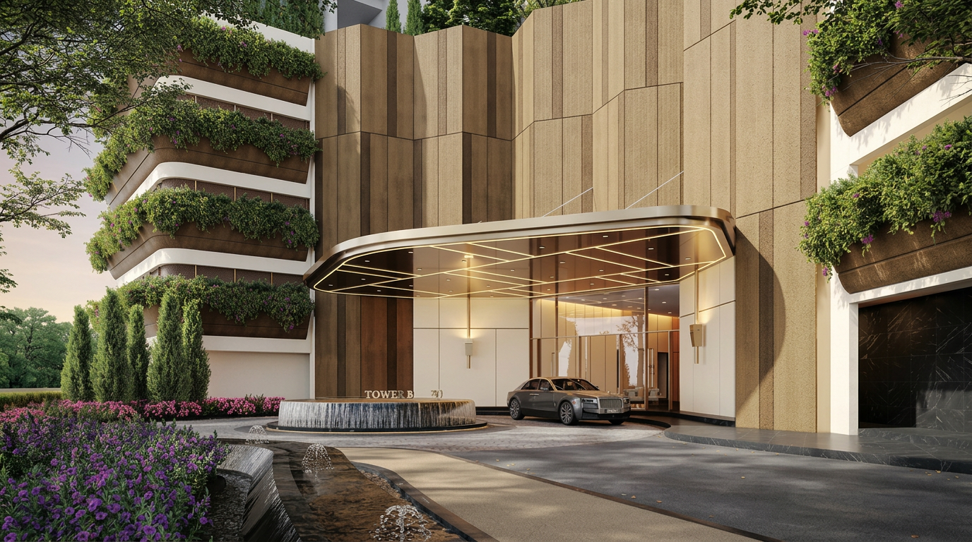 Lightwater Residences grand vehicular drop-off with landscaped gardens and water features