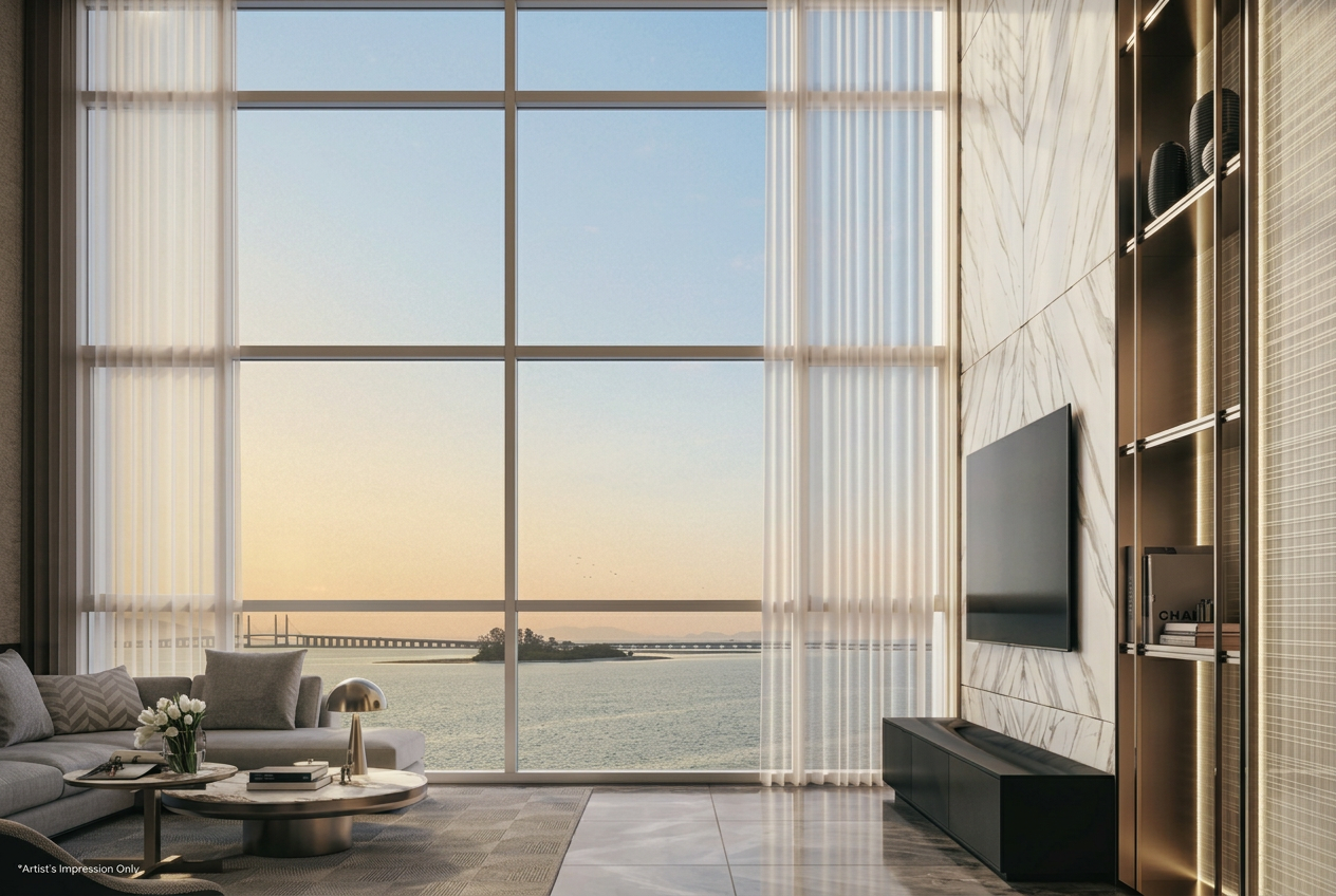 Lightwater Residences double-height living room with floor-to-ceiling windows facing the sea and Penang Bridge