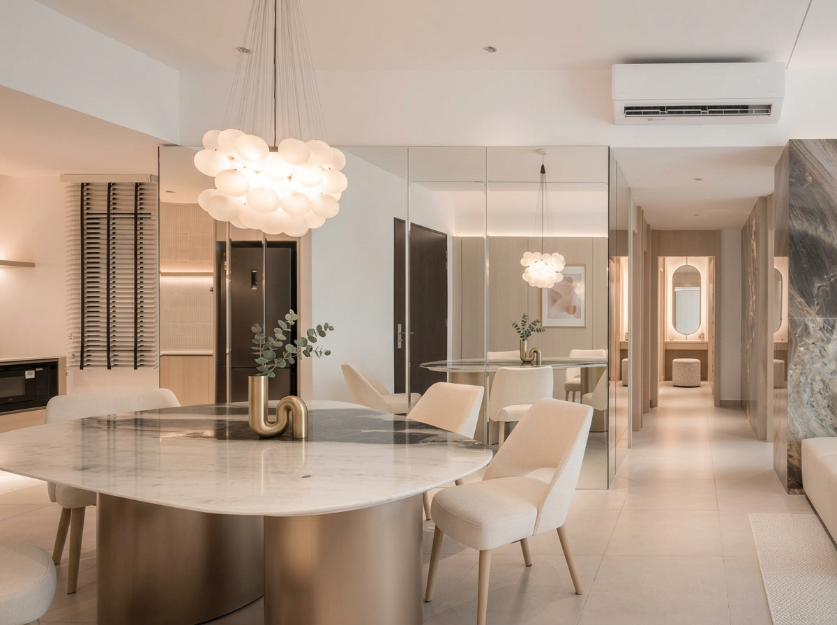 Lumina Residence show unit dining area with a round marble table and mirrored feature wall, Penang