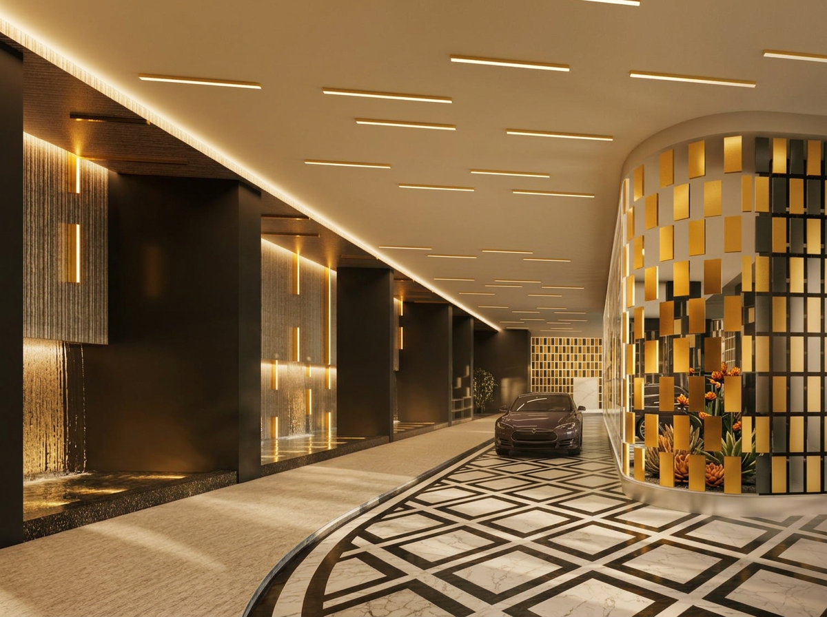 Lumina Residence Pykett Road covered vehicular drop-off entrance with gold screen wall and water feature, artist's impression