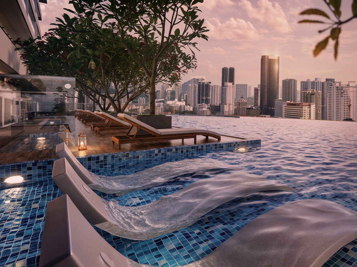Lumina Residence Penang sky pool with in-water loungers and panoramic views over the city skyline, artist's impression