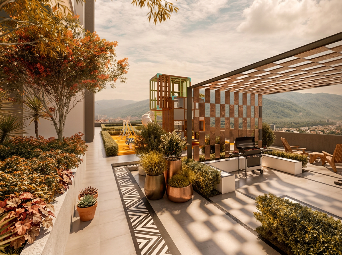 Lumina Residence sky garden terrace with BBQ pavilion and children's play area overlooking green hills, artist's impression